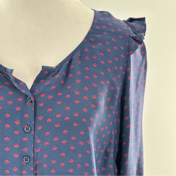 Petticoat Alley top S blue red 100% silk ruffle button down statement sleeves - Picture 2 of 12